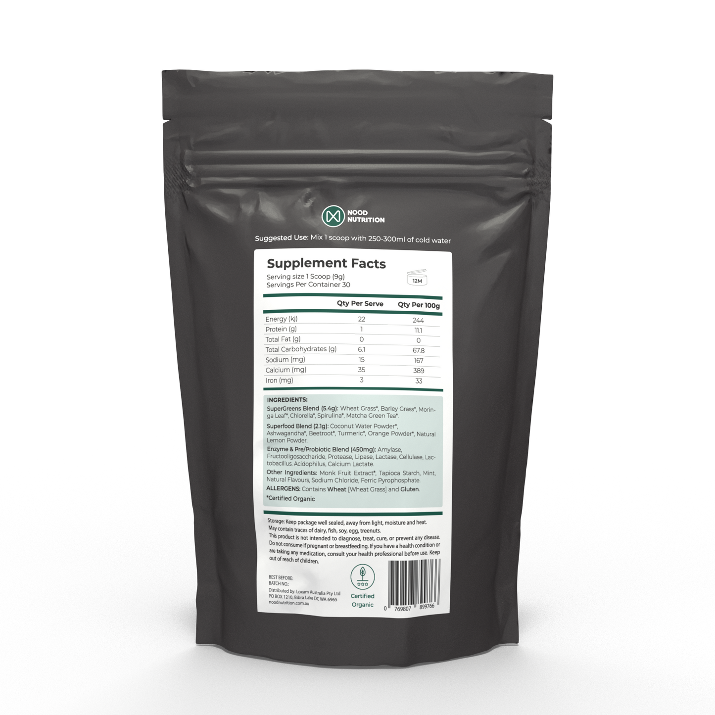 Super Greens Elixir - Greens Powder - Nood Nutrition Label Information