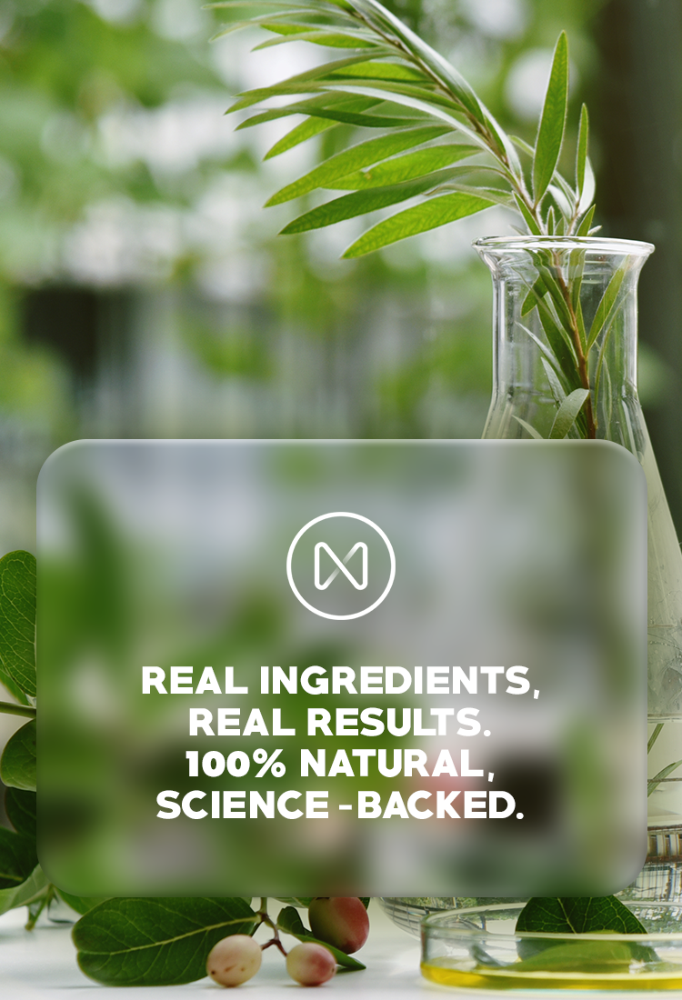 Nood Nutrition Banner, Plants in Science Lab with Text - Real Ingredients, Real Results. 100% Natural, Science Backed